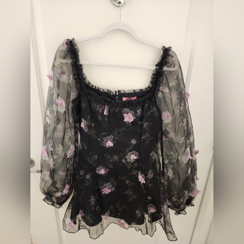 Sugar Thrillz Black Sheer Dress With Pink Flowers - Picture 2 of 5